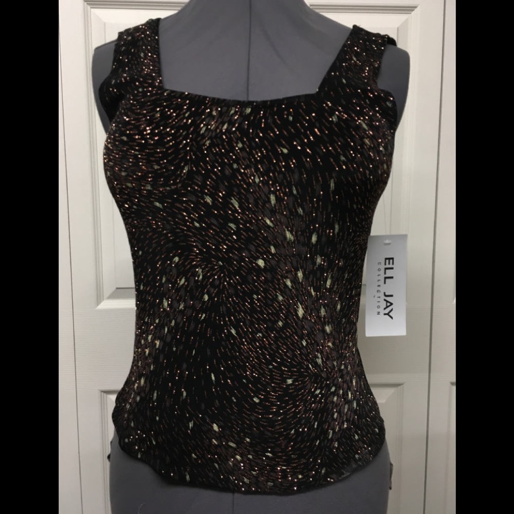 Black knit top with copper and silver sparkles.